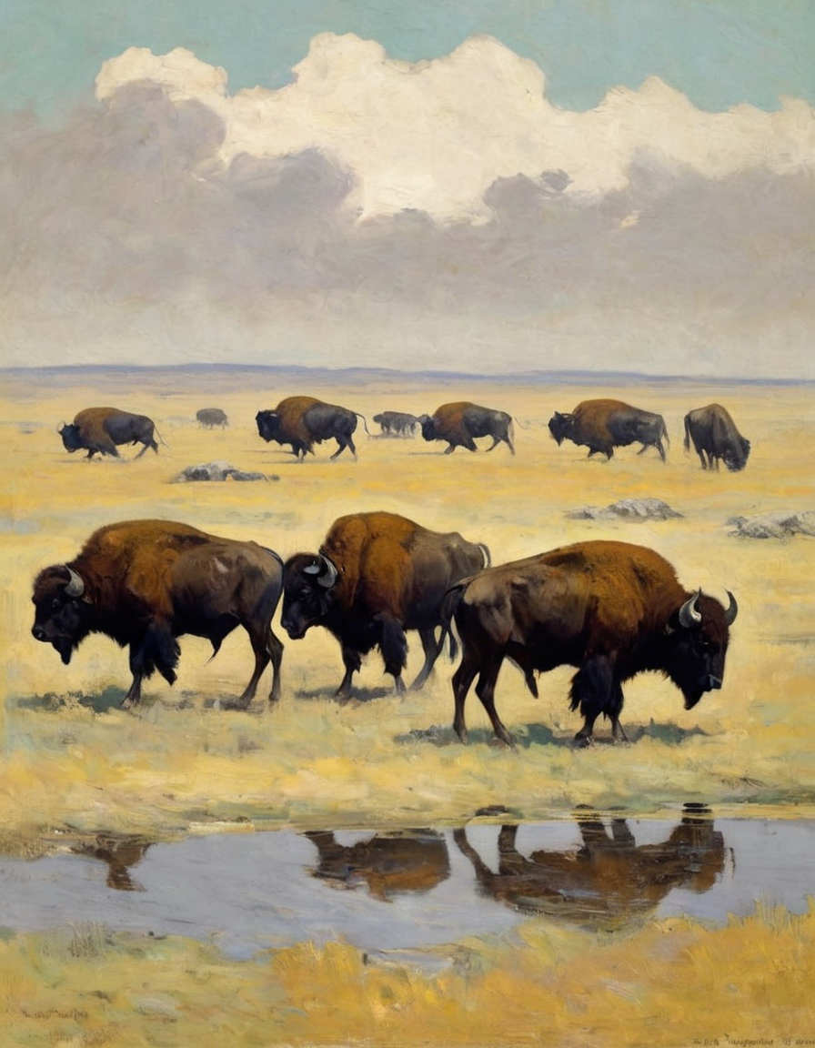 a Remington painting of a herd Buffalo on the American plains, 1867  <lora:FRemington-000001:1>