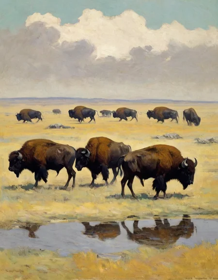 a Remington painting of a herd Buffalo on the American plains, 1867  <lora:FRemington-000001:1>