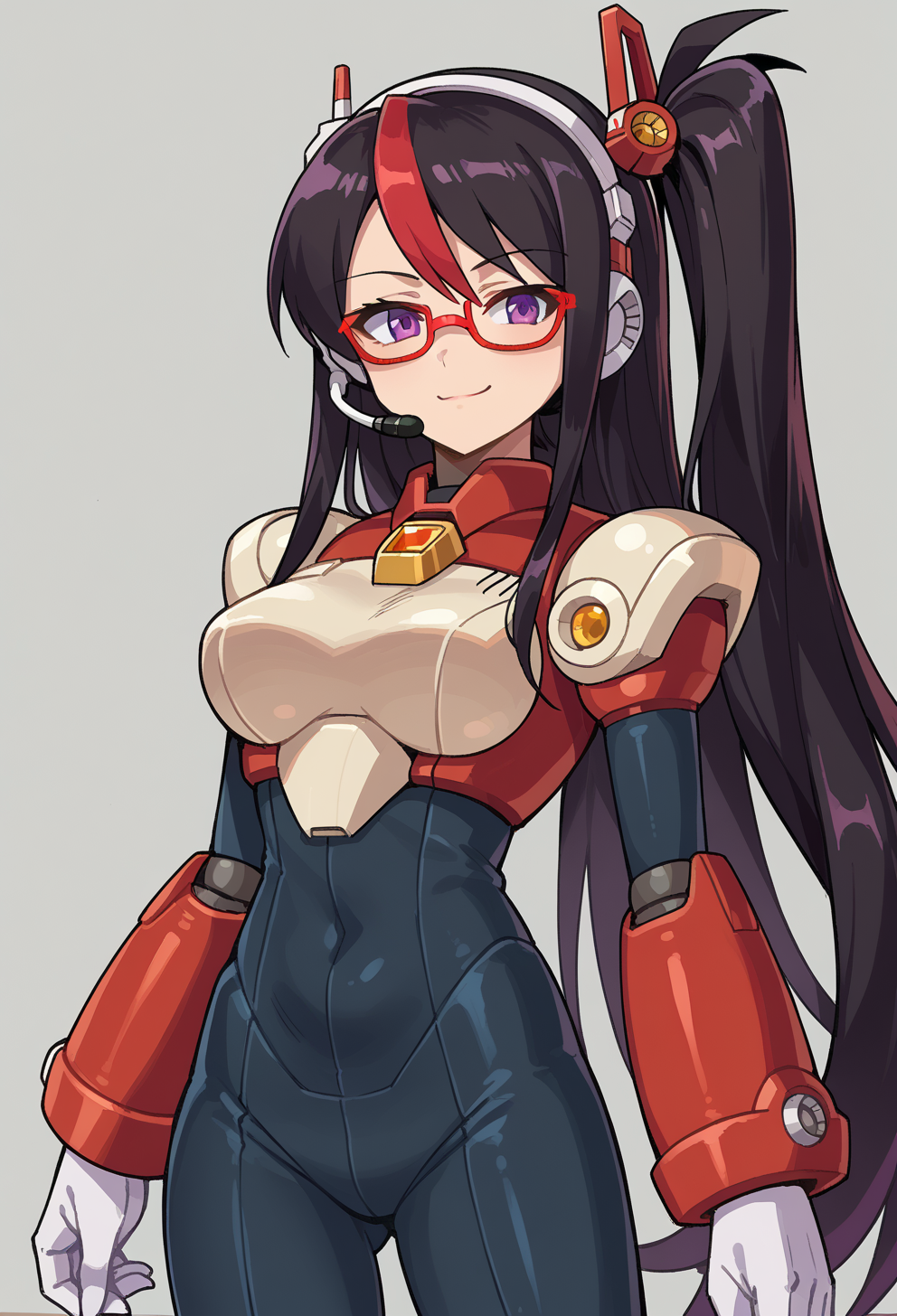 score_9, score_7_up, source_anime, solo, BREAK  <lora:Reploid_v2.0:0.8> megamanreploid, android, gloves, white gloves, armor, bodysuit, robot ears, headset,, solo, smug smile, 
1girl, purple eyes, red-framed eyewear, black hair, red colored tips, red streaked hair, very long hair, side ponytail, tied hair, medium breasts, red colored tips,