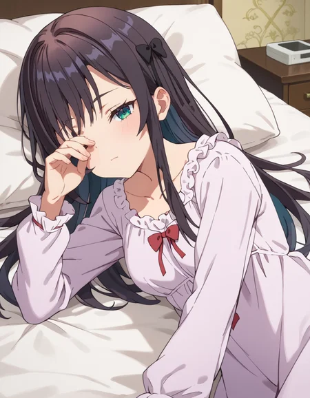 score_9, score_8_up, score_7_up, source_anime, BREAK
1girl, solo, looking at viewer, lying on side, rubbing eyes, half-closed eyes, waking up, bed, blue eyes, (green eyes:0.8),
alina clover (girumasu), long hair, multicolored hair, black hair, purple hair, swept bangs, nightgown, collarbone, frills, red bow, long sleeves, puffy sleeves,
<lora:alina_clover-girumasu_s1-pxl-anime-soralz:1>