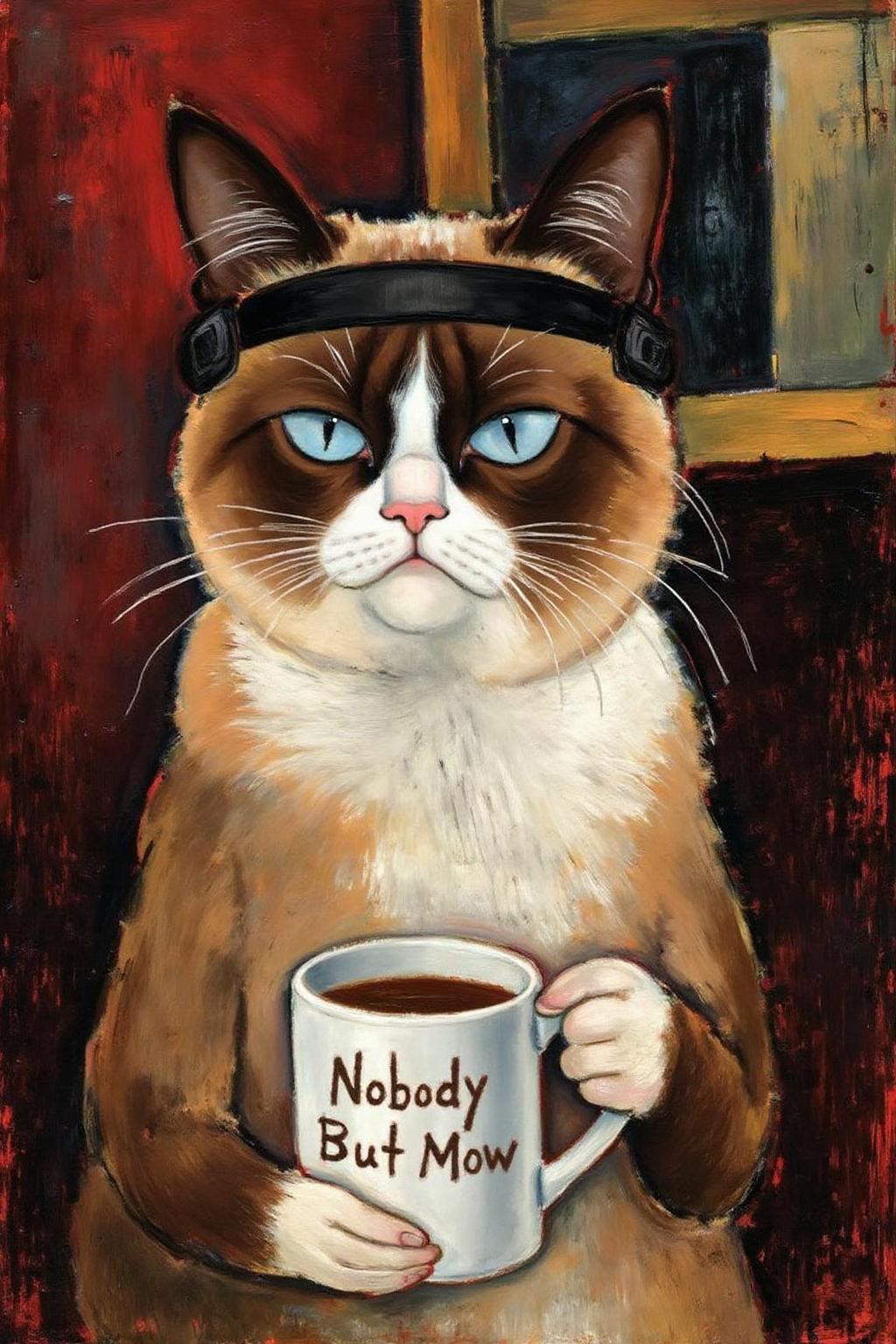 amedeomodigliani1 painting. 
Grumpy Cat holding a coffee mug, wearing a VR Headset. The mug has the phrase "NobodyButMeow" printed 
  <lora:amedeomodigliani1_cap_d6a3e8:1.0><lora:847313234703706281:0>