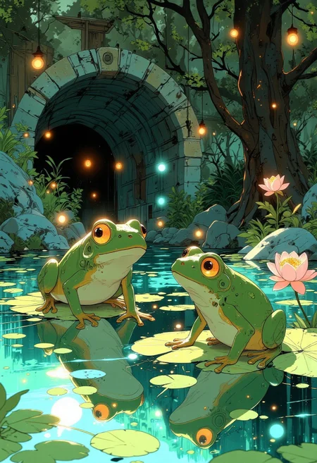 A vibrant, crystal-clear pond shimmers under the warm glow of the sun, reflecting a mesmerizing mix of turquoise, emerald, and gold hues. Two adorable tree frogs, with bright lime-green skin and golden eyes, sit playfully on floating lily pads. One frog curiously tilts its head, gazing at a tiny bubble rising from the water, while the other stretches out its tiny limbs, preparing for a joyful leap. Their smooth, dewy skin glistens in the sunlight, capturing the essence of nature’s delicate beauty. The pond is surrounded by moss-covered rocks and ancient twisting tree roots, framing a mysterious stone tunnel in the background, its dark entrance contrasting against the brilliant light outside. Golden fireflies dance above the water, their tiny glows adding a magical touch. Delicate pink cherry blossom petals drift gently on the water’s surface, carried by a soft breeze. A few small ripples form around the frogs as they shift and play, blending harmoniously with nature’s rhythm. The entire scene radiates a feeling of peace, wonder, and playful energy, capturing a perfect balance between serenity and life in a dreamlike, otherworldly paradise.
VibrantlySharp style., Anime art