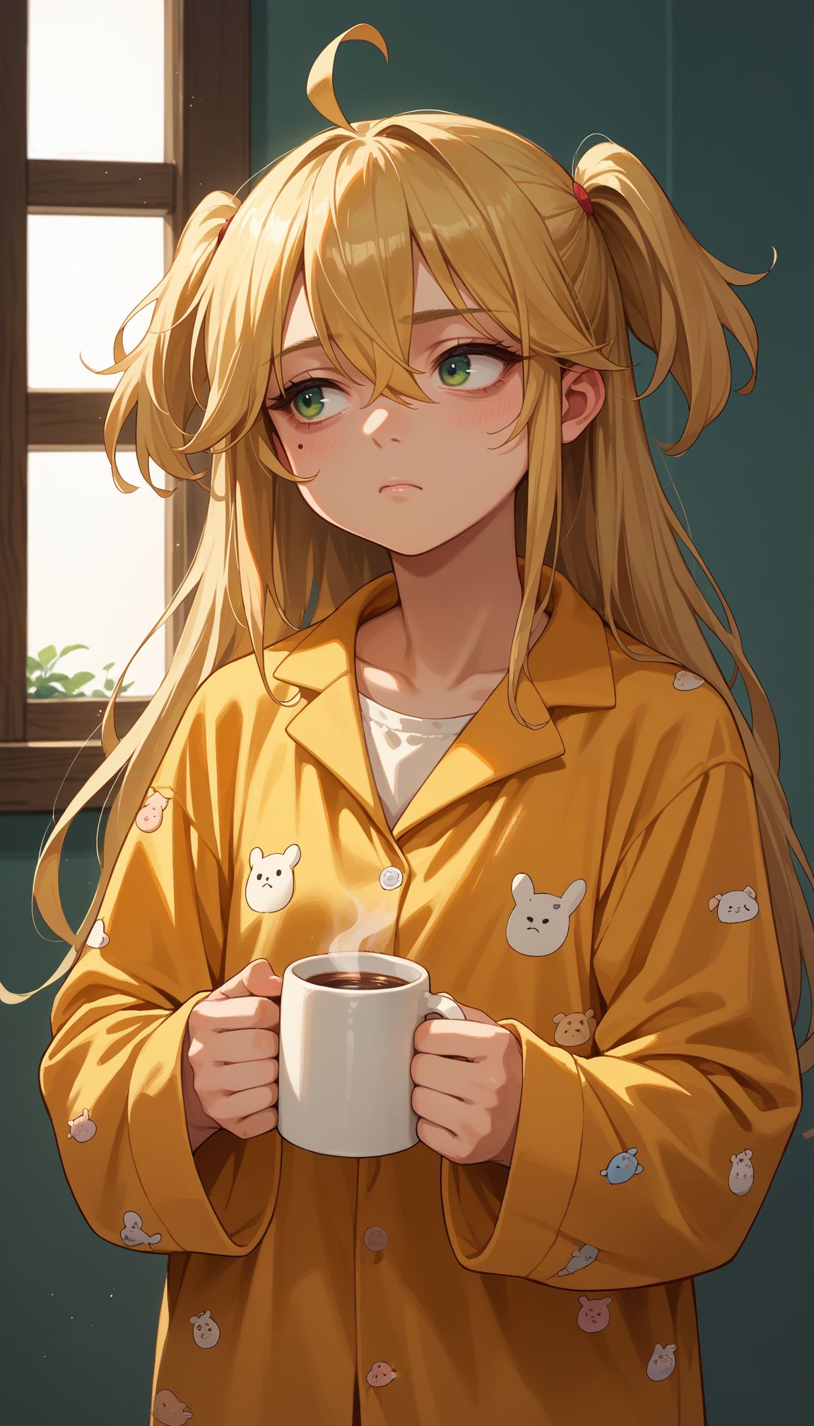 score_9, score_8_up, score_7_up, source_anime,
 <lora:Admiral Hipper:0.8> azhipper, blonde hair, two side up, hair between eyes, ahoge, bangs, green eyes, long hair, mole under eye, headwear, 
tired, looking away, standing, holding coffee mug, bags under eyes, pajamas