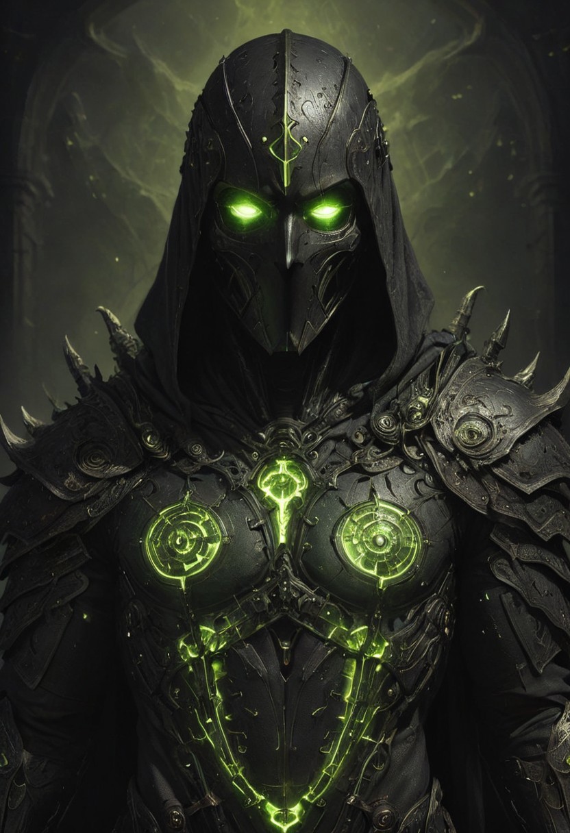 chiaroscuro, dark, a lone reaper of night, black serpents create a cloak of darkness, detailed intricate black gothic armor adorns his body, a hood obscures his face and eyes in black, deep shadows accompany him like phantoms, glowing runes, horns, low-key, nuclearhazard