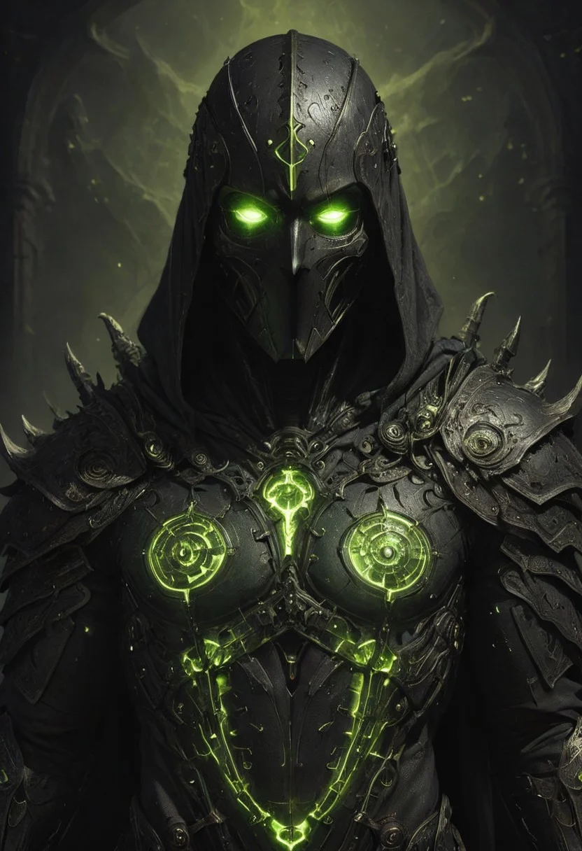 chiaroscuro, dark, a lone reaper of night, black serpents create a cloak of darkness, detailed intricate black gothic armor adorns his body, a hood obscures his face and eyes in black, deep shadows accompany him like phantoms, glowing runes, horns, low-key, nuclearhazard