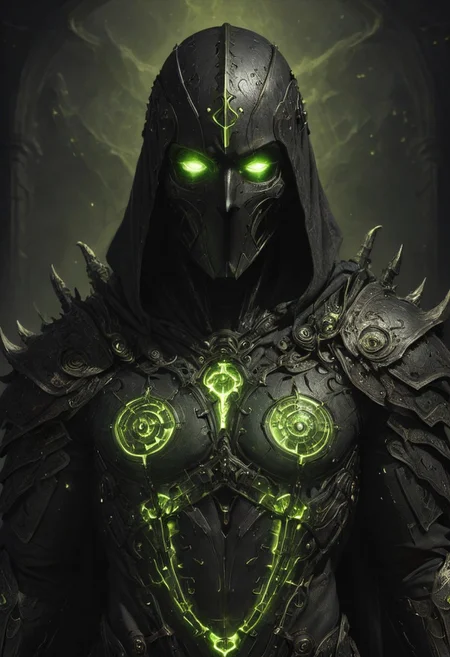 chiaroscuro, dark, a lone reaper of night, black serpents create a cloak of darkness, detailed intricate black gothic armor adorns his body, a hood obscures his face and eyes in black, deep shadows accompany him like phantoms, glowing runes, horns, low-key, nuclearhazard