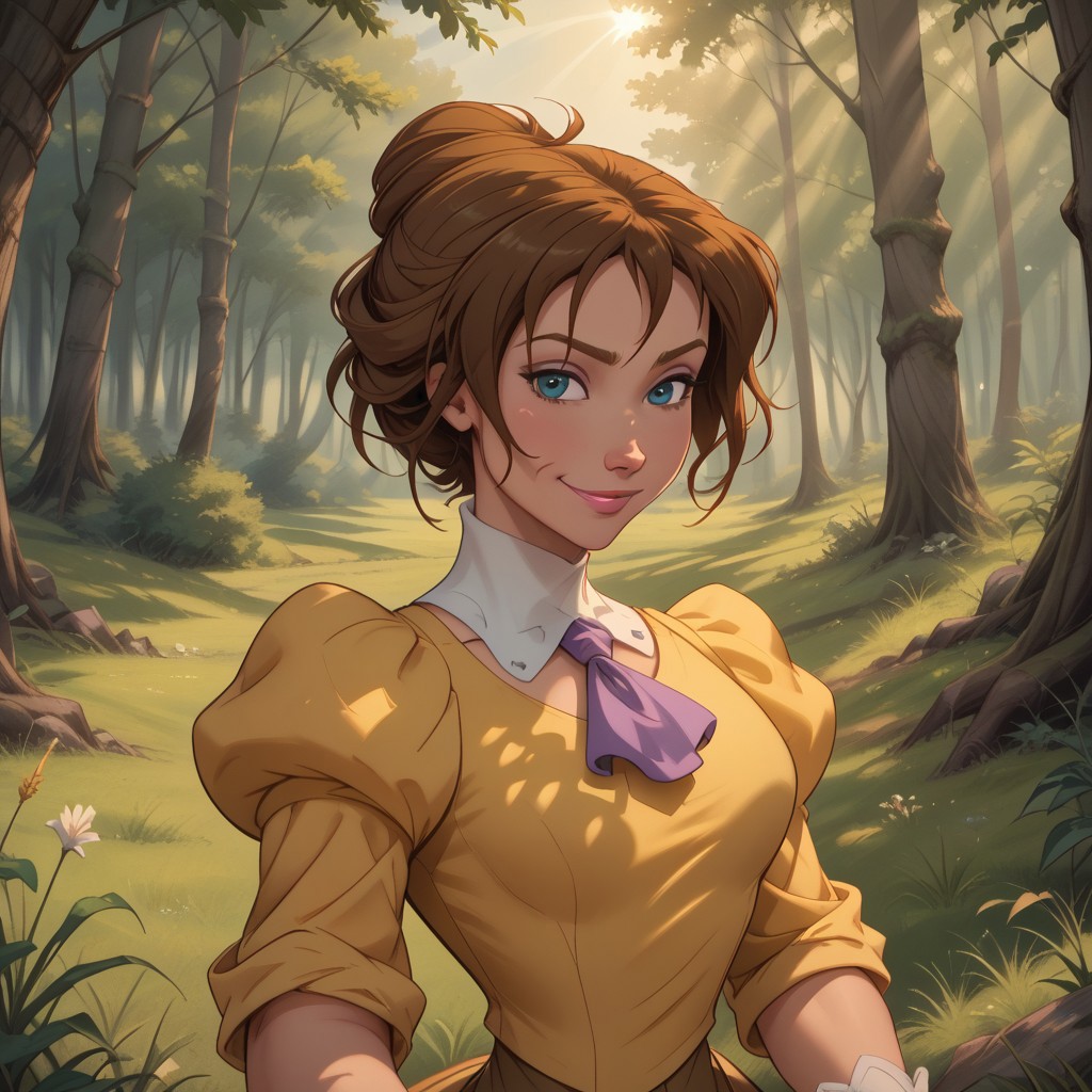 score_9, score_8, BREAK, solo, Jane Porter, 1girl, brown hair, blue eyes, short hair, single hair bun, yellow victorian style dress, puffy sleeves, white gloves, purple cravat, makeup, pink lips, sexy pose, self portrait, smile, outdoors, sunlight, shadows, evening lighting, natural lighting, forest, trees, grass, orange sky, sunset