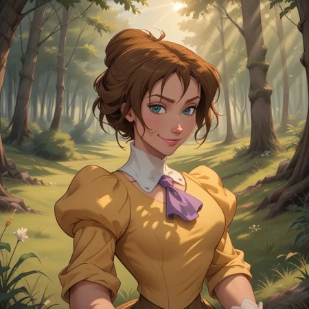 score_9, score_8, BREAK, solo, Jane Porter, 1girl, brown hair, blue eyes, short hair, single hair bun, yellow victorian style dress, puffy sleeves, white gloves, purple cravat, makeup, pink lips, sexy pose, self portrait, smile, outdoors, sunlight, shadows, evening lighting, natural lighting, forest, trees, grass, orange sky, sunset