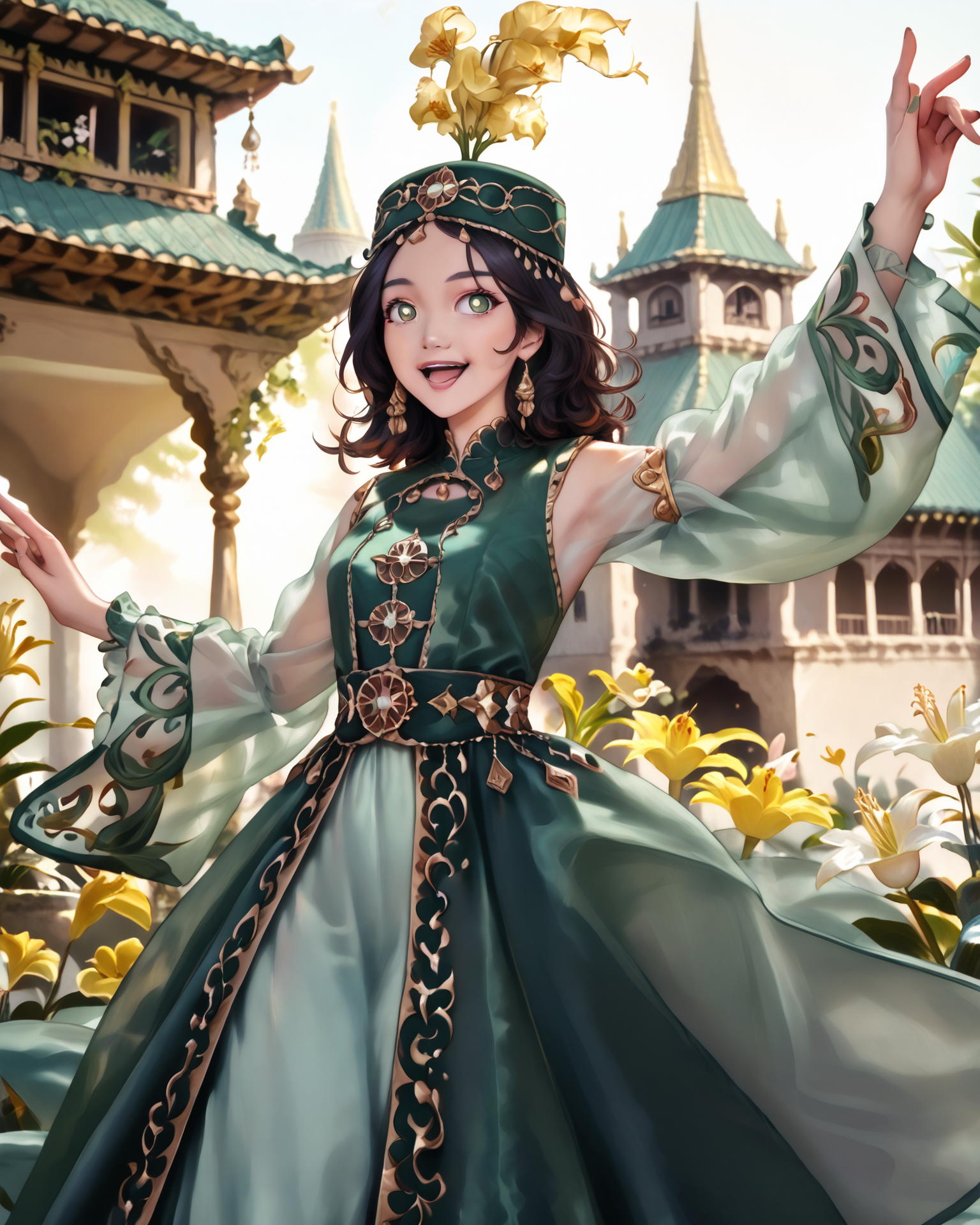 score_9, score_8_up, score_7_up, 1girl, wearing green kazfa, green clothing with pink embroidery, waist-up, dancing, joyful, wavy dark hair, beautiful eyes, very detailed clothes, gold accents, gorgeous gazebo, Moroccan architecture, lilies, nature, masterpiece, highest quality, absurdres, 8k, trending on artstation, (detailed,best quality:1.2), detailed face, detailed hair,   <lora:ITITI:1>, PRSNL_3_1,  <lora:KazakhFashionXL:1.1>
