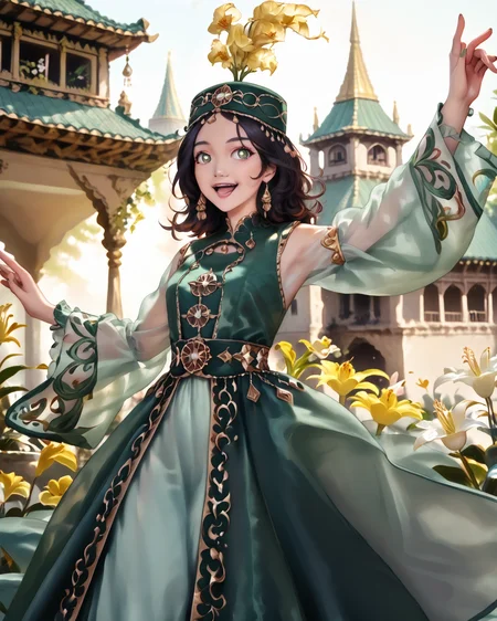 score_9, score_8_up, score_7_up, 1girl, wearing green kazfa, green clothing with pink embroidery, waist-up, dancing, joyful, wavy dark hair, beautiful eyes, very detailed clothes, gold accents, gorgeous gazebo, Moroccan architecture, lilies, nature, masterpiece, highest quality, absurdres, 8k, trending on artstation, (detailed,best quality:1.2), detailed face, detailed hair, <lora:ITITI:1>, PRSNL_3_1, <lora:KazakhFashionXL:1.1>