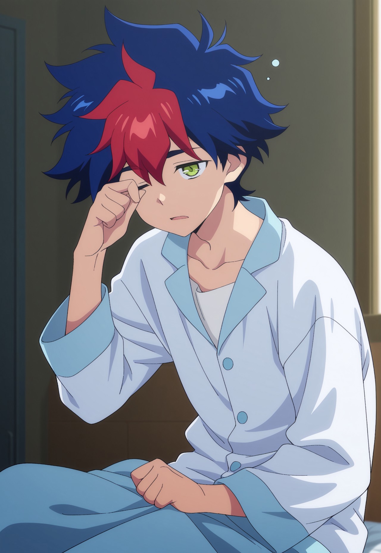 masterpiece,best quality,amazing quality, source_anime,

RaitoTenryu, 1boy, male focus, solo, green eyes, multicolored hair, blue hair, red hair, shirt, white shirt, long sleeves, pajamas, collarbone, sleepy,