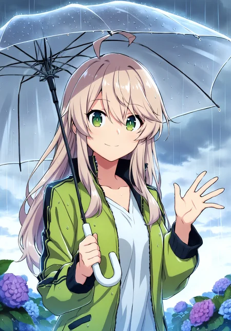 highres,absurdres,masterpiece,best quality,<lora:MeMaXL4 Type D:1>,1girl,from_side,upper body,walking,rain,holding umbrella,light brown hair,long hair,green eyes,ahoge,smile,dress,jacket,flower,dark cloudy sky,looking at viewer,waving,