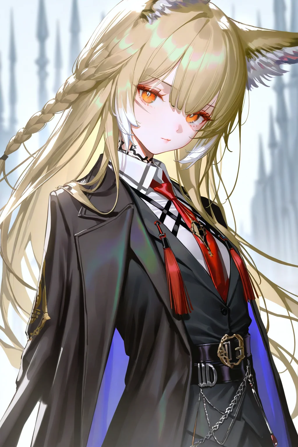 (artist:reoen:0.826446),(artist:machi:0.9),(artist:ningen_mame:0.9),(artist:sho_(sho_lwlw):0.9),(artist:rhasta:0.9),(artist:wlop:0.7),(artist:ke-ta:0.6),(fkey:0.5),(tianliang duohe fangdongye:0.5),(hiten \(hitenkei\):0.6),best quality,amazing quality,(artist:onineko:0.826446),very aesthetic,bokeh,
1girl,vulpisfoglia_\(arknights\),solo,necktie,braid,shirt,red necktie,white shirt,collared shirt,belt,jacket,upper body,black vest,vest,closed mouth,black jacket,black coat,coat,long sleeves,belt buckle,looking at viewer,black belt,buckle,
<lora:nyalia_NoobXL:0.3>,<lora:vulpisfoglia_Noob10XL:1>,