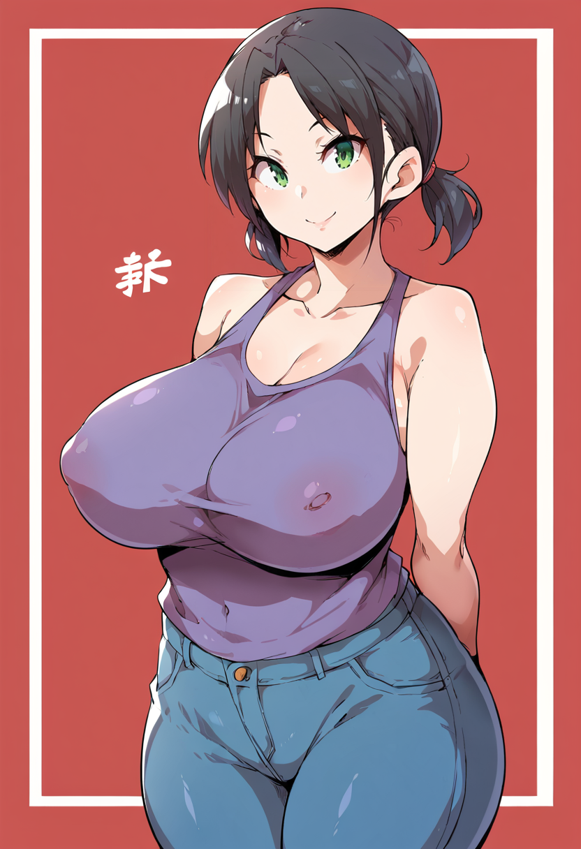 score_9, score_7_up,  1girl, 
huge breasts, wide hips, thick thighs, twintails, breasts, artist name, closed mouth, thighs, solo, denim, two-tone background, pants, green eyes, shiny skin, standing, arms behind back, mature female, red background, jeans, light smile, taut clothes, curvy, taut shirt, collarbone, shirt, smile, purple shirt, shiny clothes, black hair, short twintails, covered nipples, bare arms, casual, bare shoulders, short hair, looking at viewer
 <lora:marui_maru-Style-PonyXL-GLoRA-000049:1>