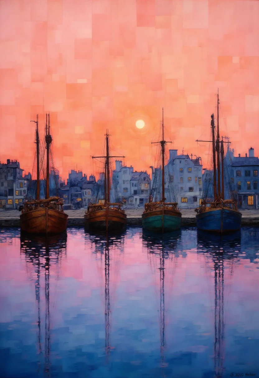 This is a vibrant, impressionistic digital painting depicting a serene harbor scene at dusk. The canvas is dominated by a rich, gradient sky transitioning from warm oranges and pinks near the horizon to soft blues and purples higher up, reflecting the setting sun. The water in the foreground mirrors this colorful sky, creating a symmetrical and peaceful reflection.  In the center of the image, there are four wooden sailing boats moored to the dock. The boats vary in color, with one on the left side being a deep brown, another in the middle being a vibrant green, and the remaining two on the right side being a muted blue and a darker blue. The boats' masts and rigging are rendered in fine, detailed strokes, giving a sense of movement and life. The dockside buildings are silhouetted against the sky, their outlines slightly blurred to emphasize the fading light. These buildings are in various shades of gray and blue, adding depth and texture to the composition. The overall mood is calm and tranquil, with the gentle ripples on the water enhancing the serene atmosphere. The style of the painting is reminiscent of the Impressionist movement, characterized by its loose brushwork and emphasis on light and color.