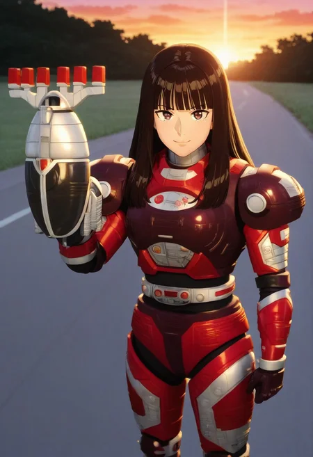anime screencap, anime coloring,
solo, 1girl, cowboy shot,from above, dutch angle,
dark hair, long hair, blunt bangs dark eyes looking at viewer, medium breasts, smile, (covered neck), BREAK
r3ddle, robot, solo, armor, bodysuit, belt, gloves, r3ddl weapon
outdoors, road, sunset, dramatic lighting