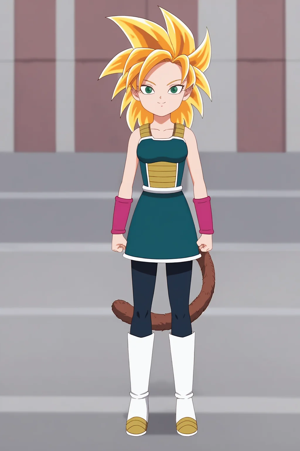 source_anime, score_9, score_8_up, score_7_up, anime screencap, absurd res,
gine, official style, super saiyan, floating hair, 1girl, solo, breasts, looking at viewer, smile, blonde hair, spiked hair, green eyes, monkey tail, saiyan armor, green saiyan armor, white trim, pink wristband, green skirt, pantyhose, black legwear, boots, white footwear, two tone boots, arms at sides, clenched hands, standing, full body, collarbone, tail wrapping, two tone footwear
<lora:Gine_v1:0.8>