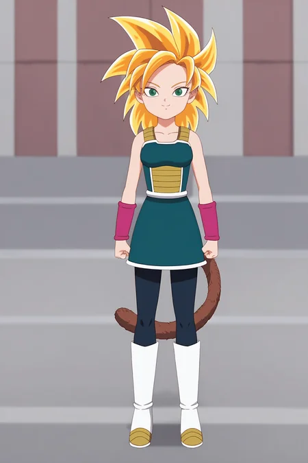 source_anime, score_9, score_8_up, score_7_up, anime screencap, absurd res,
gine, official style, super saiyan, floating hair, 1girl, solo, breasts, looking at viewer, smile, blonde hair, spiked hair, green eyes, monkey tail, saiyan armor, green saiyan armor, white trim, pink wristband, green skirt, pantyhose, black legwear, boots, white footwear, two tone boots, arms at sides, clenched hands, standing, full body, collarbone, tail wrapping, two tone footwear
 <lora:Gine_v1:0.8>