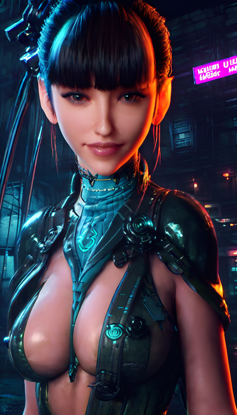 Neon noir  <lora:StelBldEveXL:.8>stelbldeve woman, facing viewer, close up, large breasts, smiling . Cyberpunk, dark, rainy streets, neon signs, high contrast, low light, vibrant, highly detailed