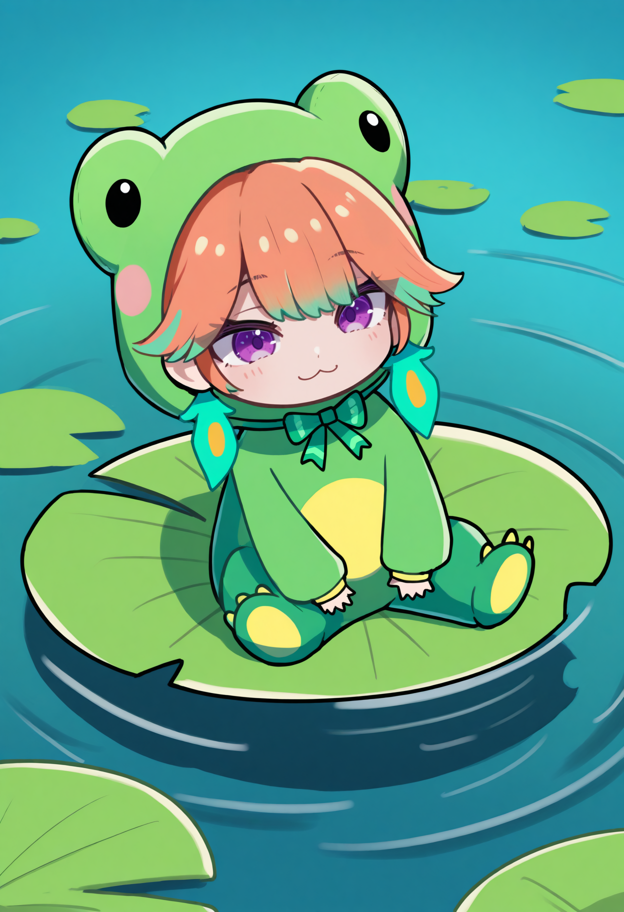 masterpiece, best quality, 1girl, solo, Frogiwawa, purple eyes, multicolored hair, orange hair, green hair, feather earrings, chibi, frog costume, green bow, smile, :3, smile, pond, on lily pad, sitting, <lora:ChamTakanashiKiaraNoob:1>