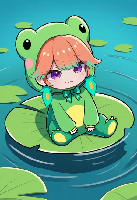 masterpiece, best quality, 1girl, solo, Frogiwawa, purple eyes, multicolored hair, orange hair, green hair, feather earrings, chibi, frog costume, green bow, smile, :3, smile, pond, on lily pad, sitting, <lora:ChamTakanashiKiaraNoob:1>