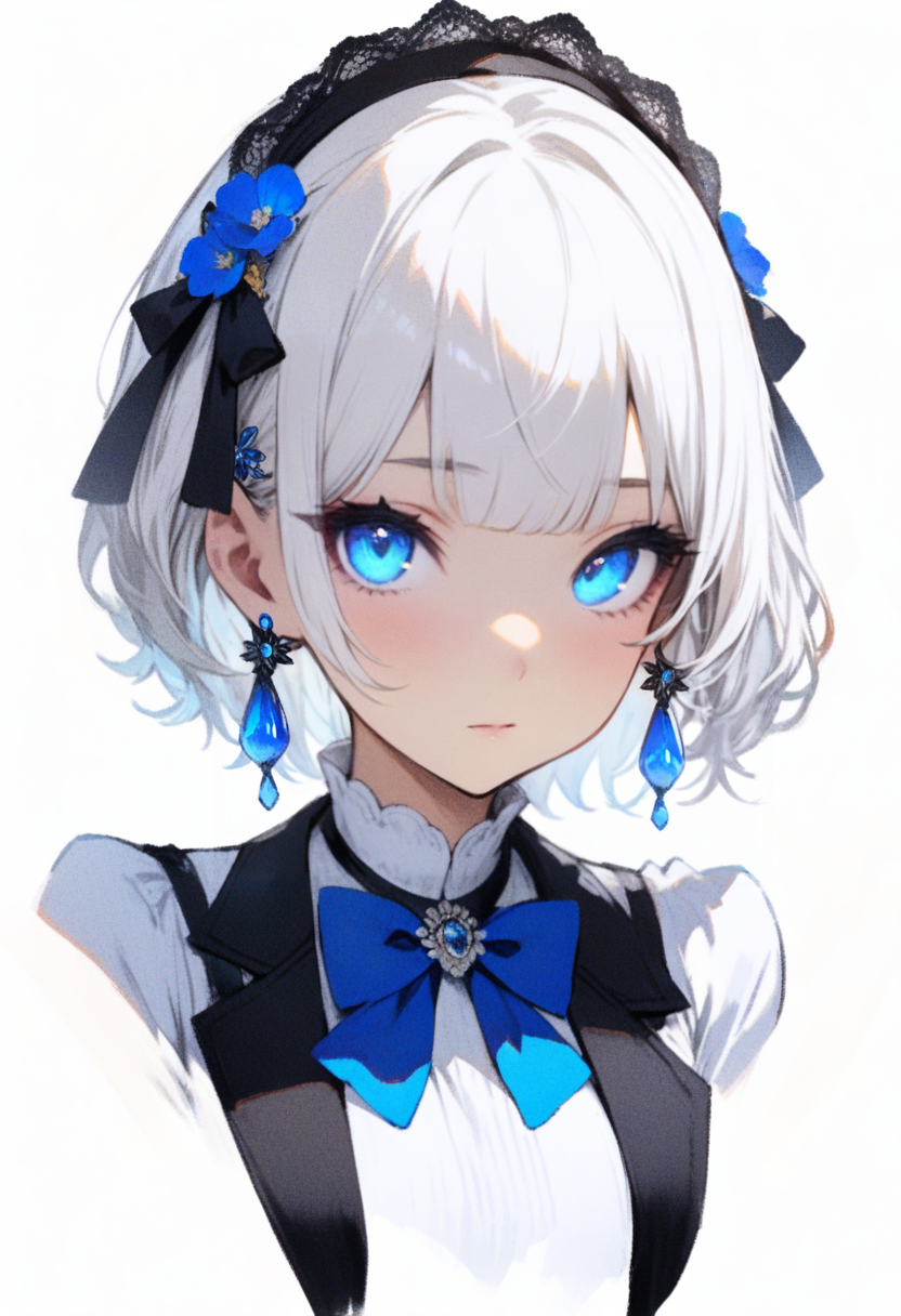 masterpiece, best quality, <lora:RECXL_ANI31_lokr_V43P1NF:0.95>  1girl, solo, flower, hair ornament, hair flower, blue eyes, hairband, jewelry, white hair, earrings, blue flower, looking at viewer, portrait, short hair, bow, closed mouth, white background, black hairband, bowtie, blue bow, simple background, blue bowtie, shirt, white shirt, cropped shoulders, blunt bangs, expressionless