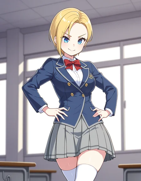 1girl, solo, yukifune eriza, blonde hair, short hair, blue eyes, smile, v-shaped eyebrows, school uniform, blue jacket, red bow, grey skirt, pleated skirt, white thighhighs, standing, hands on hip, waston cross, crossed legs, cowboy shot, depth of field, indoors, front of window, classroom, <lora:yukifune_eriza_ilxl_v1:0.8>