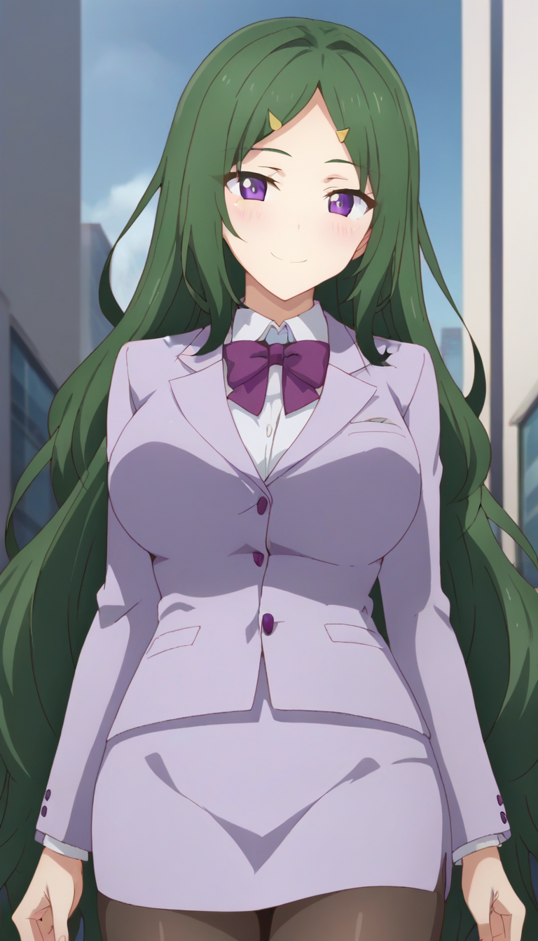 score_9,score_8_up,score_7_up,score_6_up BREAK official art,solo,outdoors,upper body,(portrait:1.5),looking at viewer,facing viewer,smile,blush,Iwazu Mogana,very long hair,green hair,hair ornament,hairclip,parted bangs,purple eyes,light purple jacket,Blazer,wing collar,purple necktie,white shirt,collared shirt,long sleeves,large breasts,skindentation,light purple skirt,pencil skirt,brown pantyhose,high heels,light purple footwear,<lora:Iwazu Mogana(dhh)-Pony:1.6>,