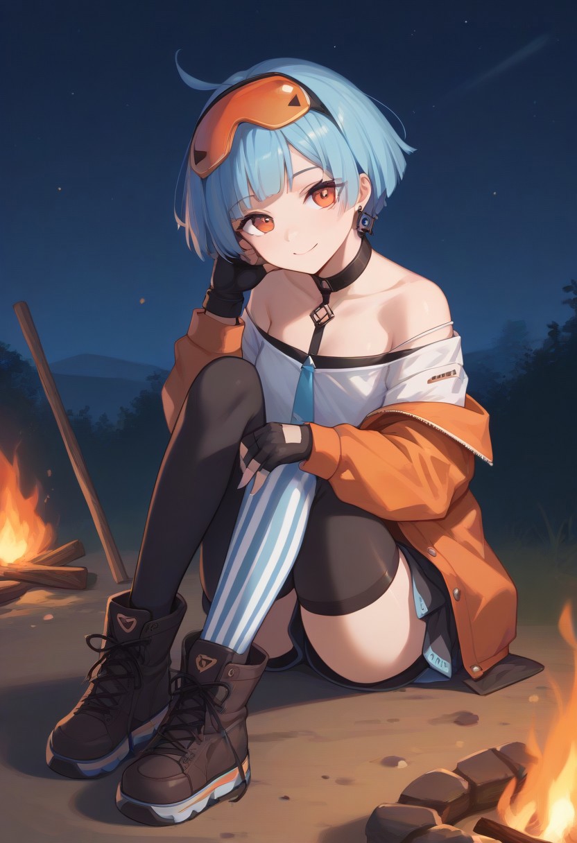 score_9, score_8_up, score_7_up, source_anime, BREAK goggles on head, earring, off-shoulder jacket, fingerless gloves, mismatched legwear, night, sitting down, campfire, looking at viewer, light smile