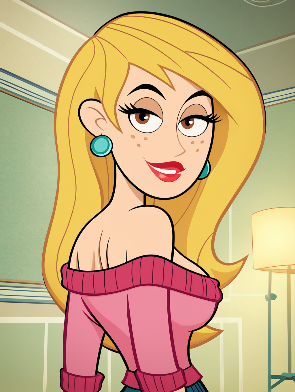 score_9, score_8_up, score_7_up, (toon \(style\):1),(flat colors:1),(close up face:1.4), looking back, from behind,viewer,ultra high quality,ultra high resolution,ultra , seductive,(extremely detailed), detailed background,,(masterpiece, best quality, high quality, highres, ultra-detailed),inside, bedroom in background, spotlight effects.,close up, cowboy shot,   dutch angle ,perfect eyes,perfect face,,narrow waist,perfect breasts,perfect eyes,perfect face,eager expression,earrings, looking back, from behind,
<lora:Veronica_Stoppable:0.9> veronica stoppable, toon (style), flat color, freckles, narrow waist,  brown eyes, long hair,  long eyelashes,  long hair, brown eyes, seductive smile, long eyelashes, medium breasts, wide hips, long legs, red lips, looking at viewer,blonde hair, Off-the-shoulder sweater , pastel pink sweater,