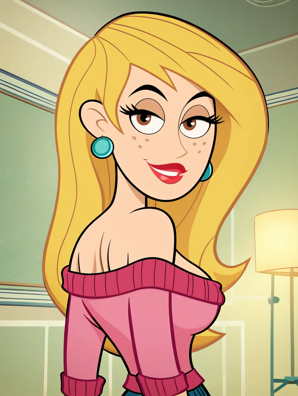 score_9, score_8_up, score_7_up, (toon \(style\):1),(flat colors:1),(close up face:1.4), looking back, from behind,viewer,ultra high quality,ultra high resolution,ultra , seductive,(extremely detailed), detailed background,,(masterpiece, best quality, high quality, highres, ultra-detailed),inside, bedroom in background, spotlight effects.,close up, cowboy shot,   dutch angle ,perfect eyes,perfect face,,narrow waist,perfect breasts,perfect eyes,perfect face,eager expression,earrings, looking back, from behind,
<lora:Veronica_Stoppable:0.9> veronica stoppable, toon (style), flat color, freckles, narrow waist,  brown eyes, long hair,  long eyelashes,  long hair, brown eyes, seductive smile, long eyelashes, medium breasts, wide hips, long legs, red lips, looking at viewer,blonde hair, Off-the-shoulder sweater , pastel pink sweater,
