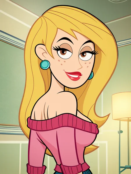 score_9, score_8_up, score_7_up, (toon \(style\):1),(flat colors:1),(close up face:1.4), looking back, from behind,viewer,ultra high quality,ultra high resolution,ultra , seductive,(extremely detailed), detailed background,,(masterpiece, best quality, high quality, highres, ultra-detailed),inside, bedroom in background, spotlight effects.,close up, cowboy shot,   dutch angle ,perfect eyes,perfect face,,narrow waist,perfect breasts,perfect eyes,perfect face,eager expression,earrings, looking back, from behind,
<lora:Veronica_Stoppable:0.9> veronica stoppable, toon (style), flat color, freckles, narrow waist,  brown eyes, long hair,  long eyelashes,  long hair, brown eyes, seductive smile, long eyelashes, medium breasts, wide hips, long legs, red lips, looking at viewer,blonde hair, Off-the-shoulder sweater , pastel pink sweater,