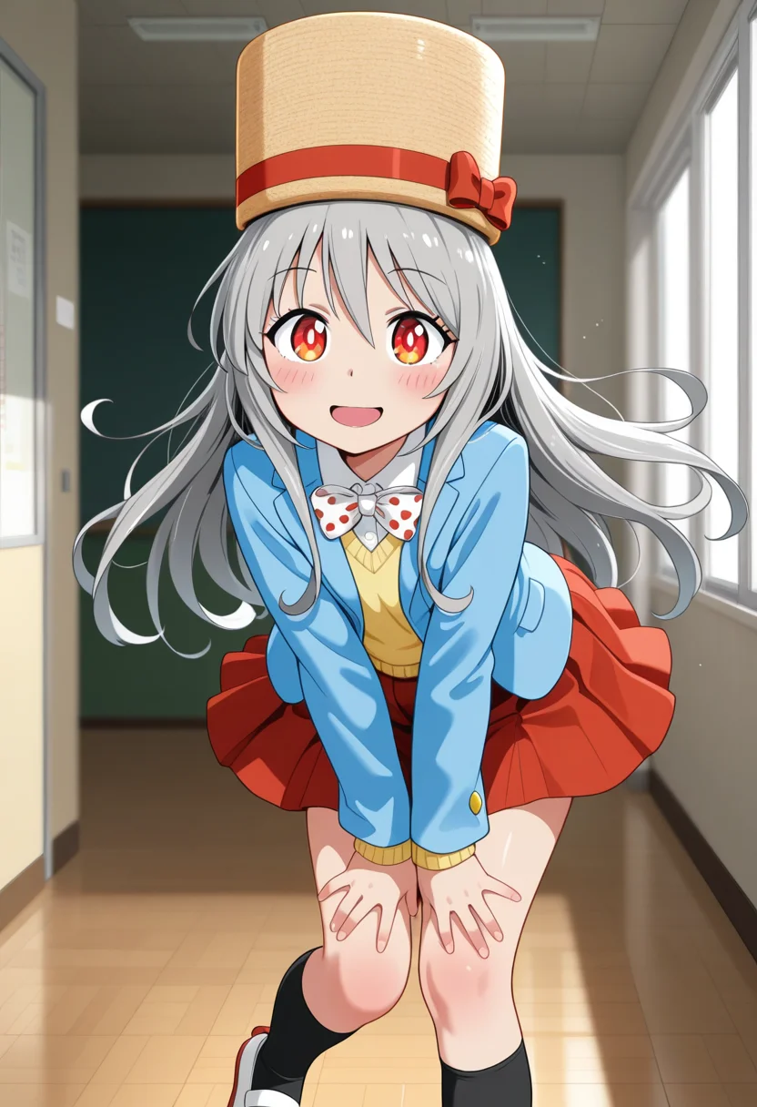 umami-chan, long hair, grey hair, red eyes, hat,
white bowtie, polka dot, blue jacket, jacket, mary janes, long sleeves, red skirt, pleated skirt, black kneehighs, white footwear, uwabaki
<lora:umami-chan_Illustrious-XL-2.0_v1:1>, masterpiece,best quality,amazing quality, solo,1girl,, standing, (dynamic pose) , blush,
looking at viewer,cowboy shot,open mouth,light smile,
(indoors, )