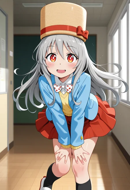 umami-chan, long hair, grey hair, red eyes, hat,
white bowtie, polka dot, blue jacket, jacket, mary janes, long sleeves, red skirt, pleated skirt, black kneehighs, white footwear, uwabaki
<lora:umami-chan_Illustrious-XL-2.0_v1:1>, masterpiece,best quality,amazing quality, solo,1girl,, standing, (dynamic pose) , blush,
looking at viewer,cowboy shot,open mouth,light smile,
(indoors, )
