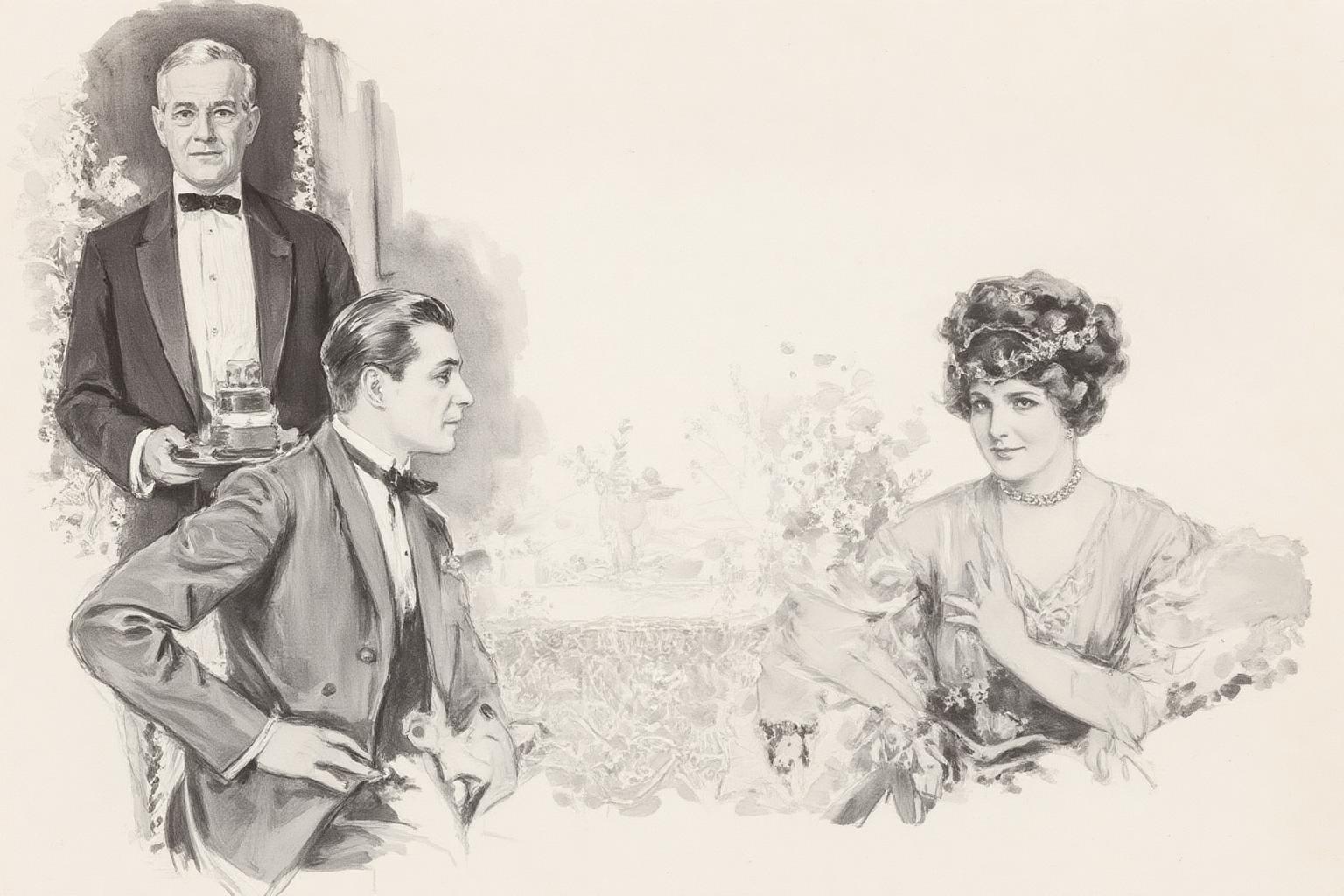 howardchandlerchristy1 illustration.
Monochrome illustration of a couple sitting at a dining table. On the left sits a man with combed back hair, shown in side profile, leaning slightly forward with his hand on the armrest. On the right sits a woman with her arm resting on the back of the seat, looking at the viewer. She wears a beaded necklace and floral headband. In the background, a middle-aged waiter in a tuxedo holds a tray with a cake. The setting is indoors with a lace-covered table and flowers.
 <lora:howardchandlerchristy1_d8a4e11:1.0><lora:865844048269684282:0>