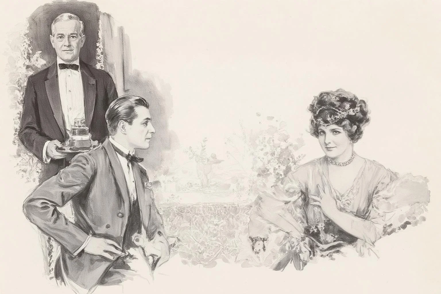 howardchandlerchristy1 illustration.
Monochrome illustration of a couple sitting at a dining table. On the left sits a man with combed back hair, shown in side profile, leaning slightly forward with his hand on the armrest. On the right sits a woman with her arm resting on the back of the seat, looking at the viewer. She wears a beaded necklace and floral headband. In the background, a middle-aged waiter in a tuxedo holds a tray with a cake. The setting is indoors with a lace-covered table and flowers.
<lora:howardchandlerchristy1_d8a4e11:1.0><lora:865844048269684282:0>
