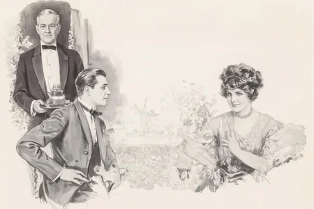 howardchandlerchristy1 illustration.
Monochrome illustration of a couple sitting at a dining table. On the left sits a man with combed back hair, shown in side profile, leaning slightly forward with his hand on the armrest. On the right sits a woman with her arm resting on the back of the seat, looking at the viewer. She wears a beaded necklace and floral headband. In the background, a middle-aged waiter in a tuxedo holds a tray with a cake. The setting is indoors with a lace-covered table and flowers.
<lora:howardchandlerchristy1_d8a4e11:1.0><lora:865844048269684282:0>