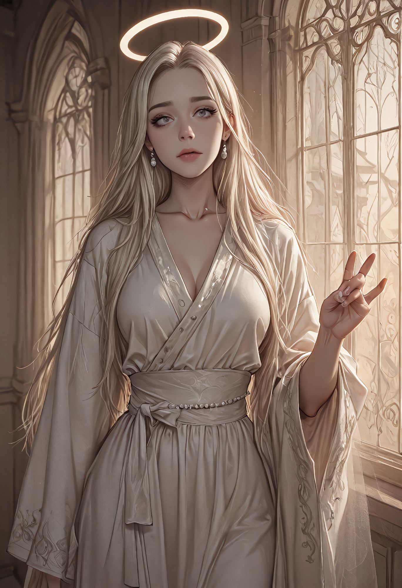 darkmode, (((best quality))), (((masterpiece))), (((amazing quality))), (((very aesthetic))), (((detailed eyes))), (((perfect eyes))), (((realistic eyes))), platinum blonde woman in a flowing silk robe, standing near a tall arched window with sheer drapes, golden hour light outlining her ethereal silhouette, smooth porcelain skin glowing softly, halo-like glow above her head, soft focus background, elegant hand gesture, pearl earrings, serene and divine mood, subtle film grain, timeless noir glamour, 58mm lens,