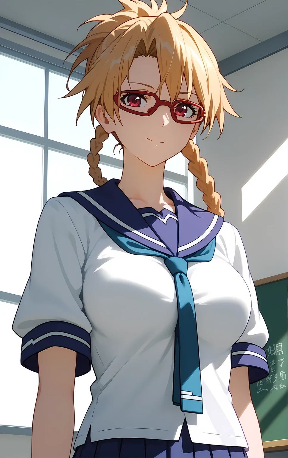 (score_9, score_8_up, score_7_up), standing, looking at viewer, closed mouth, light smile, tight clothes, close-up,
ohwx, 1girl, solo, school_uniform, glasses, braid, breasts, skirt, blonde_hair, red-framed_eyewear, pleated_skirt, large_breasts, serafuku, long_hair, blue_skirt, necktie, ponytail, sailor_collar,
<lora:furan_takaki_pony_ss:1>
window, sunlight, classroom,