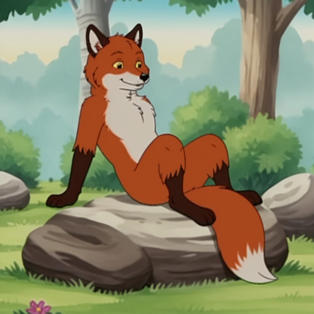 score_9, score_8_up, score_7_up, score_6_up, score_5_up, score_4_up, source_furry, foxfrnkln, semi-anthro, male, fox, red-orange fur, yellow sclera, black eyes, solo, outdoors, nature, grass, forest, smile, day, flower, sitting, on a rock, leaning back, full body,