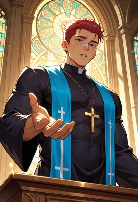 masterpiece, best quality, amazing quality, Bokun art style, male focus, solo, stained glass, church, lectern, backlighting, upper body, from below, 
1boy, black eyes, red hair, hair slicked back, muscular, priest,
black robe, cassock, blue stole, clerical collar, rosary, parted lips, nose bandaid, earclip, outstretched hand,
<lora:eona_v1-06:0.5> <lora:MeMaXL4 Type D:0.5> <lora:checkpoint-e62_s930:0.7>