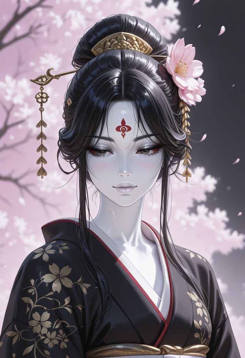 high_quality, highres, detailed, (masterpiece, best quality:1.2), absurdres, 8k, HDR, Jeddtl02,  (colored skin, white skin:1.2), black hair, detailed lips, soft lips, white lips, elegant kimono, black kimono, floral embroidery, cherry blossoms, traditional hair ornament, serene expression, ink style background <lora:DetailerILv2-000008:1>