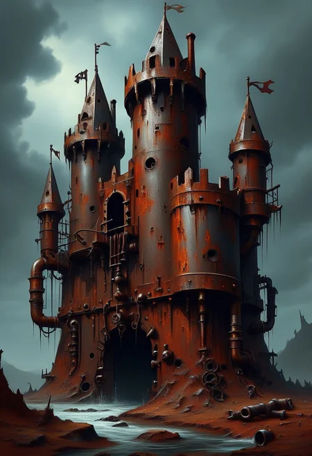 Rusty lopsided crooked castle of the Knights of the Order of the Rusty Bolt, welded from rusty bolts and pierced bottoms, bottomless buckets with Screw nuts and old sewer pipes, surreal, epic, painting in style of (Raymond Swanland), dark fantasy art, funny horror art, DonM0ccul7Ru57XL