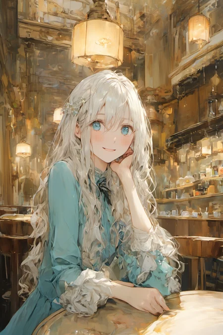 {best quality}, {{masterpiece}}, {highres}, original, {ultra-detailed},
cafe,
 (delicate),(alternate hairstyle), graceful,
cafe,
1girl,solo, mature female,detailed face,detail eyes, detailed hair, graceful, white long hair, aqua eyes,  long hair,looking at viewer, clear face, expressionless, light smile,
