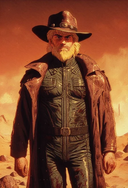 score_9, score_8_up, score_7_up, detailed, 1boy, human, cowboy, sci-fi, futuristic, alien planet, desert planet, desert, long leather coat, shiny coat, shiny trousers, shiny pants, shiny shirt, shiny hat, cowboy hat, beard, knva, moody, cowboy shot, bokeh, shiny, retro artstyle, dirty, gritty, dusty, shiny, metallic clothing, blonde, goggles,( steampunk:0.5),( dieselpunk:0.5), dune, artwork, shiny clothes, reflective clothes, metallic clothes, long coat, long jacket,