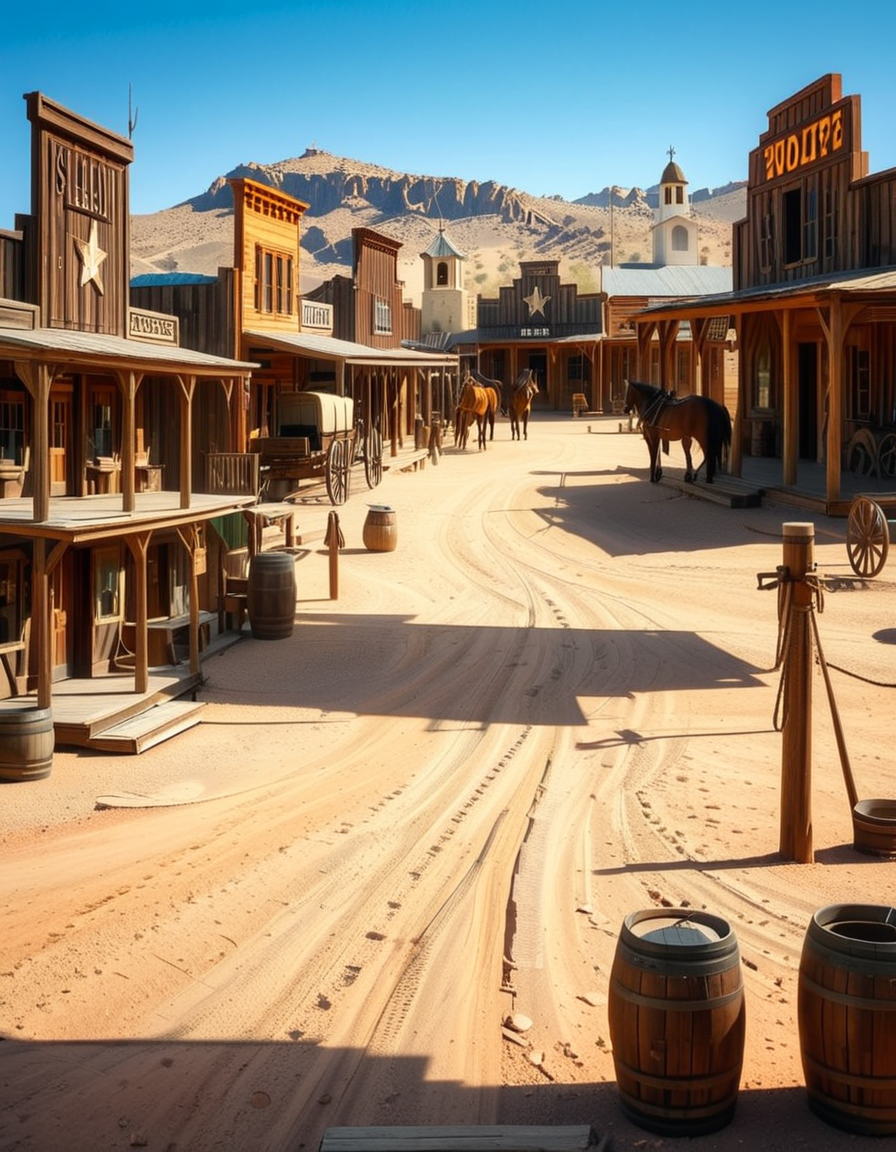 A classic Wild West town in the late 1800s, surrounded by arid desert and towering rock formations. The dusty main street is lined with wooden buildings, including a saloon with swinging doors, a sheriffâs office with a star emblem, a general store with a wooden sign, and a blacksmithâs shop with tools hanging outside. Old-fashioned wooden wagons are parked along the street, and a few horses are tied to hitching posts. The atmosphere is lively, with cowboys wearing wide-brimmed hats, boots, and leather dusters walking around, some talking near the saloon while others ride horses. The sky is bright blue with a few wispy clouds, and the sunlight casts long shadows on the ground. In the background, a water tower stands tall, and a windmill slowly turns in the breeze. The scene is full of rustic details, evoking the adventurous spirit of the American frontier.<lora:SDXLFaeTastic2400:0.4> <lora:extremely_detailed:0.4> extremely detailed, <lora:Western_v1ll4g3:1>,Western v1ll4g3, Masterpiece,best quality,hi res,8k,hi res,8k,award winning,(sharp focus, intricate, highly detailed),