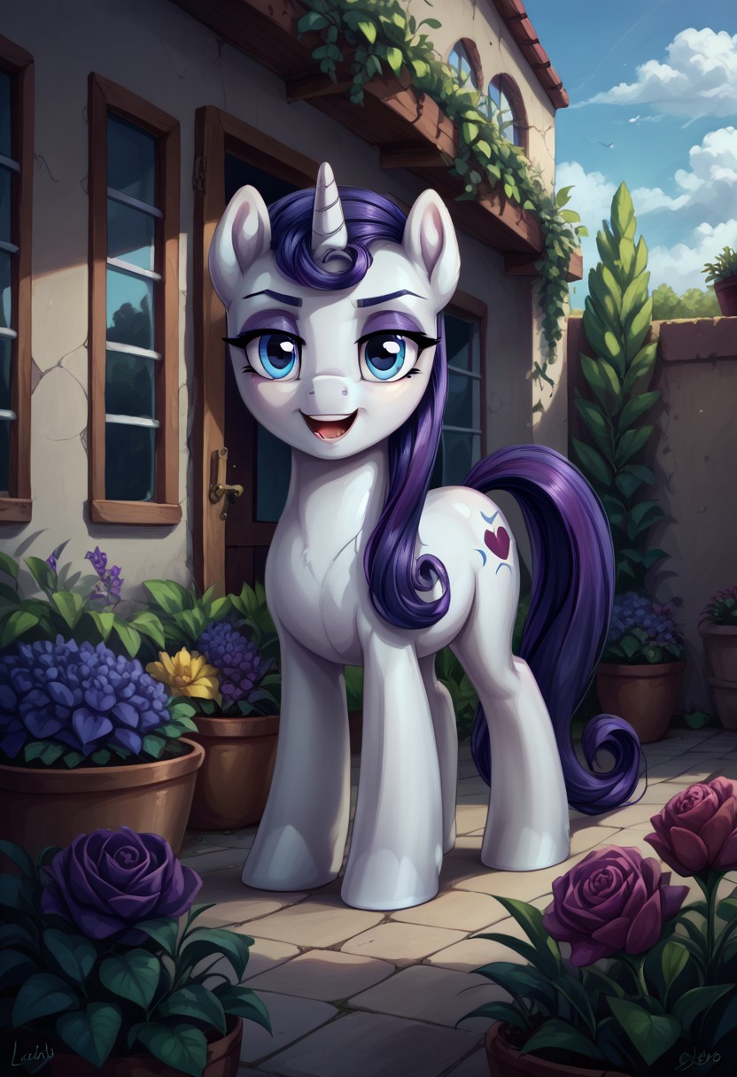 safe_pos, safe_pos, score_9, score_8_up, score_7_up, score_6_up,
body lavender
mane and tail deep purple-blue
eyelids shiny purple-blue
eyebrows deep purple-blue
eyes moderately yellow

unicorn
Moonlight Raven


 realistic illustration, dramatic angle, outside, garden, (day), 1girl, solo, pony, my little pony,  body, shiny skin,  looking at you, happy playful, cheerful dramatic 
solo