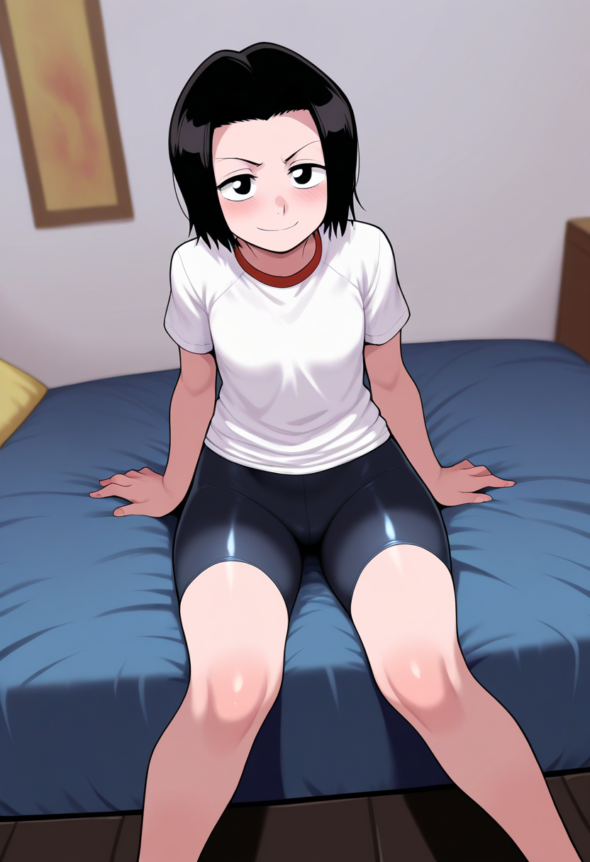 best quality, amazing quality, very aesthetic, absurdres,
1girl, karinkurosaki, black eyes, black hair, short hair,
white shirt, bike shorts,
sitting, indoors,
smile, solo, looking at viewer, bedroom background,  <lora:KarinKurosakiYoungNoobXL_byKonan:1>