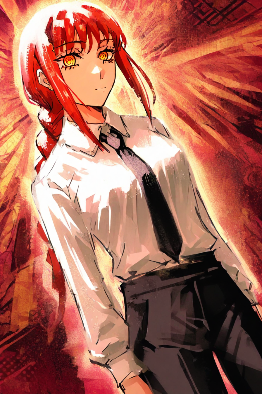 score_9, score_8_up, score_7_up, score_6_up, score_5_up, score_4_up, <lora:mak1ma0XL_Pony_v1:0.8> , mak1ma0, makima, red hair, long hair, ringed eyes, braid, white collared shirt,black necktie, black pants, 1girl, solo, alone, <lora:anime_glitch_art:1>, anime_glitch_style, masterpiece, highres
