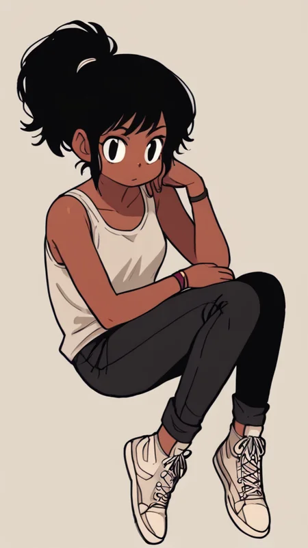 score_9, 1girl, solo, black hair, dark skin, dark-skinned female, ponytail, black eyes, full body, looking at viewer, <lora:Hazel:1>